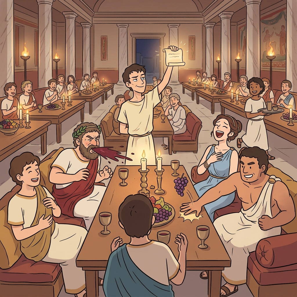 The poet's short epigram made the whole banquet burst into laughter.