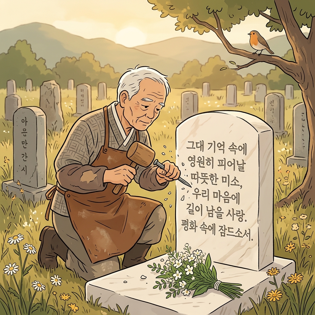 The stonemason carves a heartfelt epitaph onto the marble gravestone.