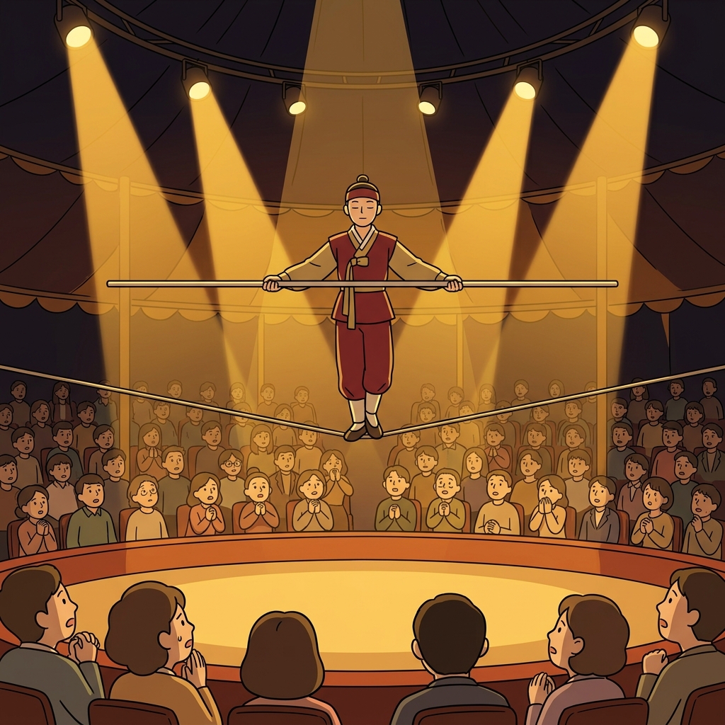 The tightrope walker holds perfect equilibrium high above the circus crowd.