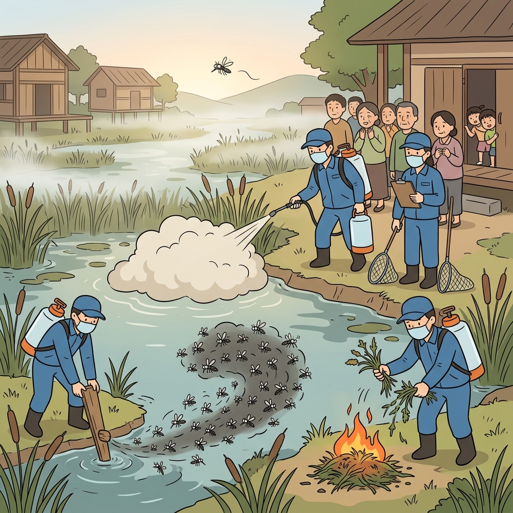 The health team works to eradicate mosquitoes from the entire village swamp.