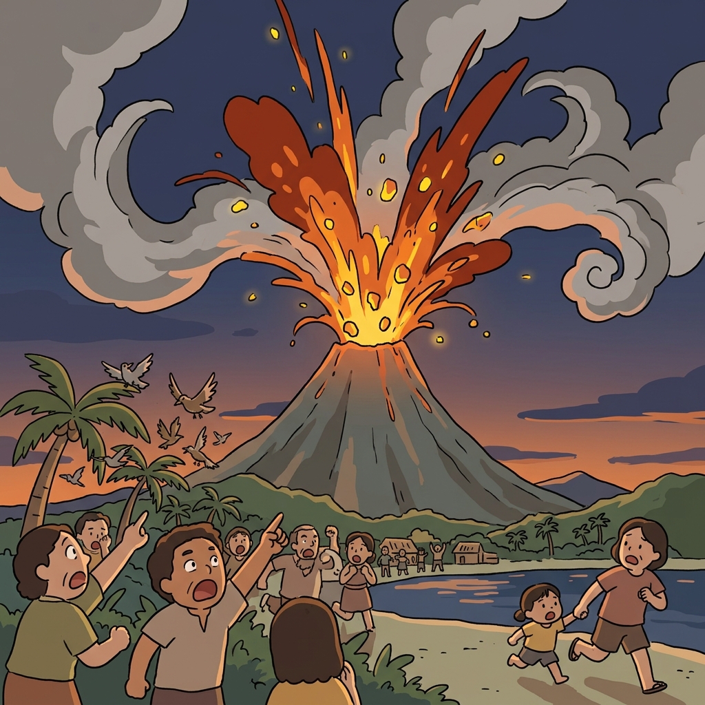 The volcano suddenly began to erupt, shooting lava high into the sky.