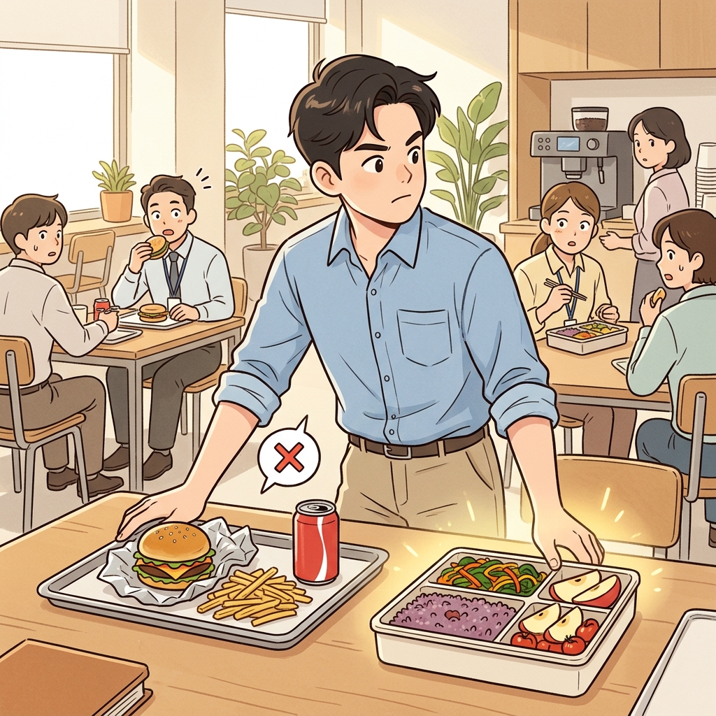 그는 정크푸드를 딱 끊고 도시락을 싸 왔다.