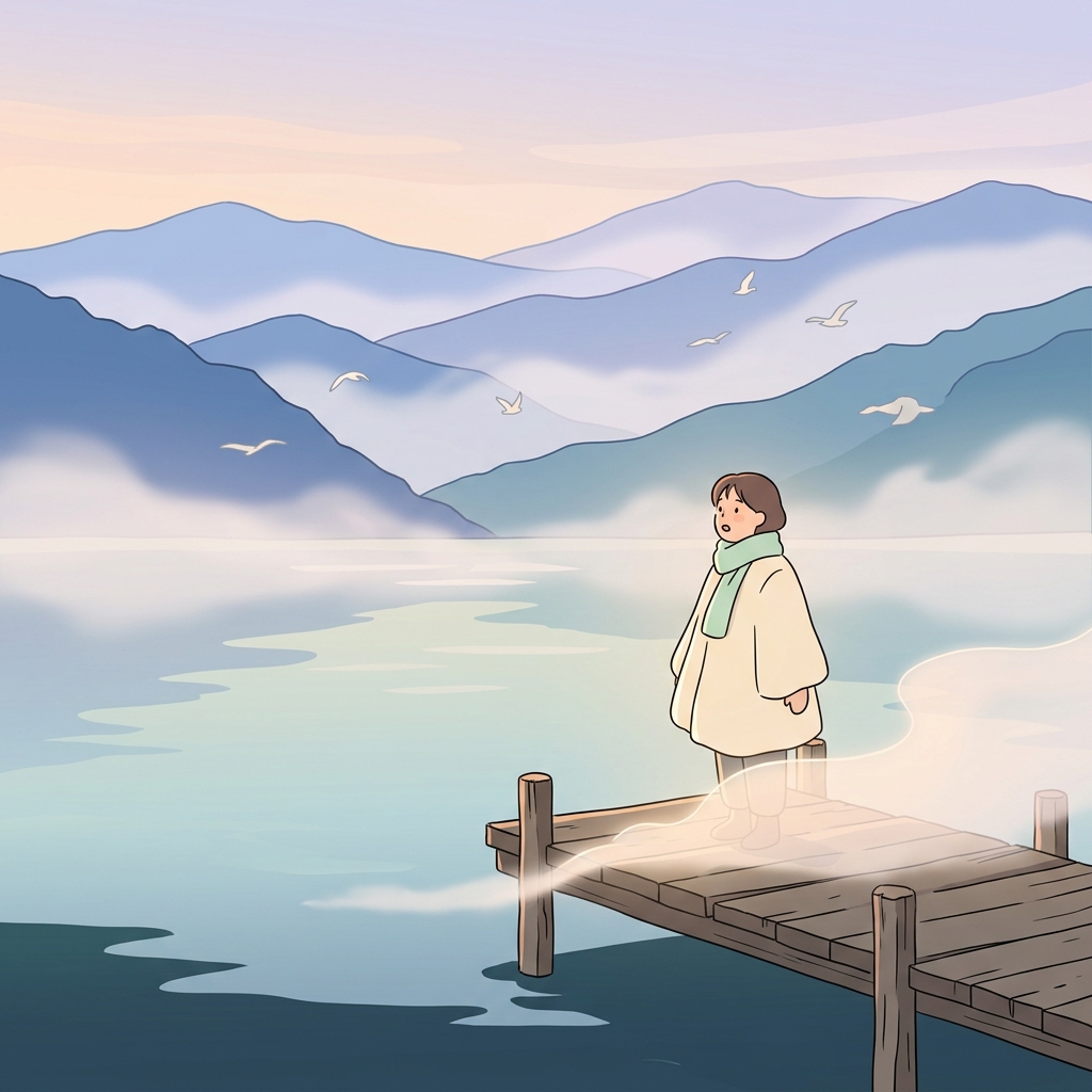 The ethereal mist over the lake made the mountains look like a dream.