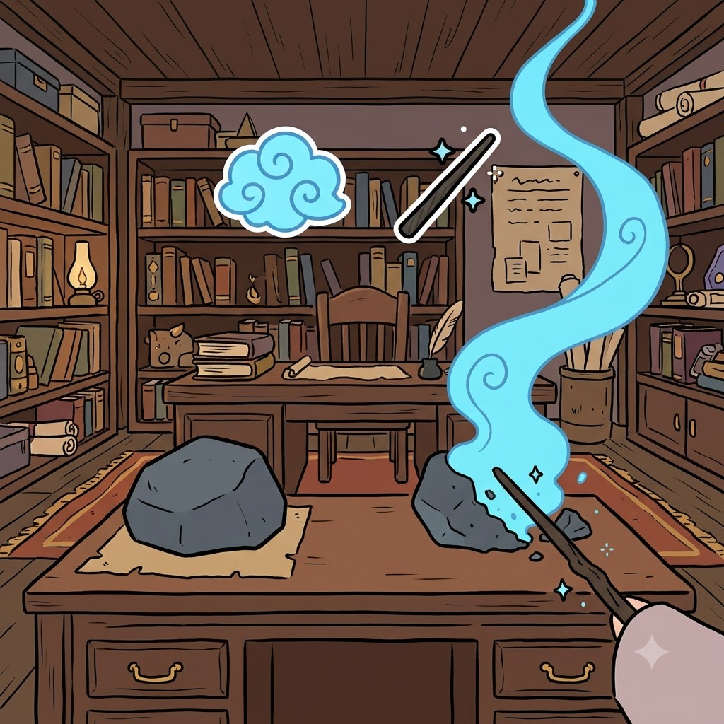 ETHER(heavenly air) + EAL(state) — the wizard turned the heavy stone block into floating ETHER, giving it a beautifully ethereal glow.