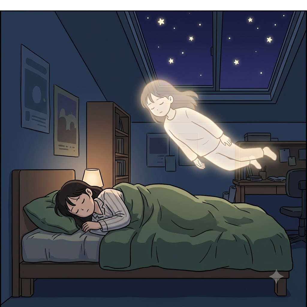 Leaving her heavy physical material body behind on the bed, her glowing soul floated up in a beautiful, ethereal form.