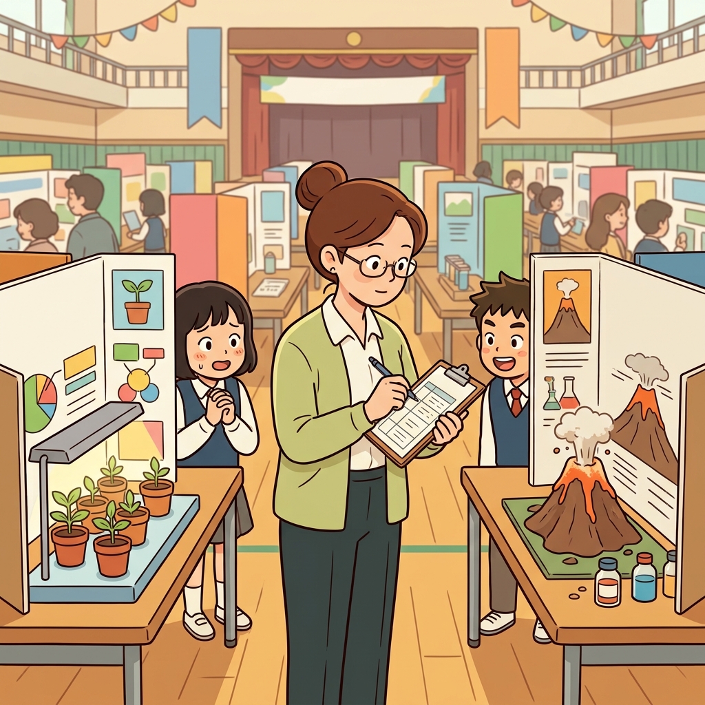 선생님은 학생들의 과학 프로젝트를 평가했다. ("밸류(Value)를 본다!" → 가치를 따져 평가하다)