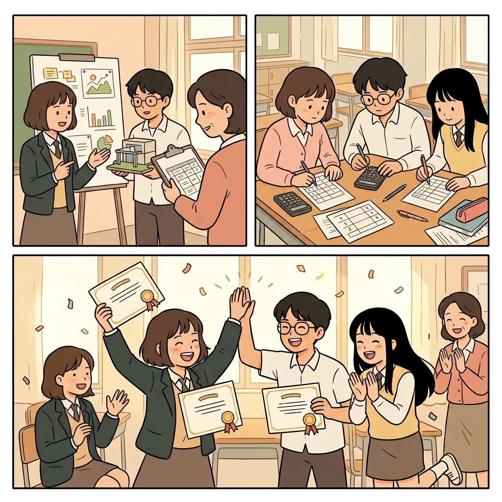 The students evaluated their results, calculated their scores, and celebrated their success.