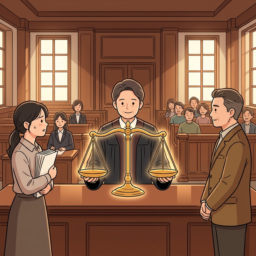 판사는 양쪽 얘기를 똑같이 공정하게 들어줬다.