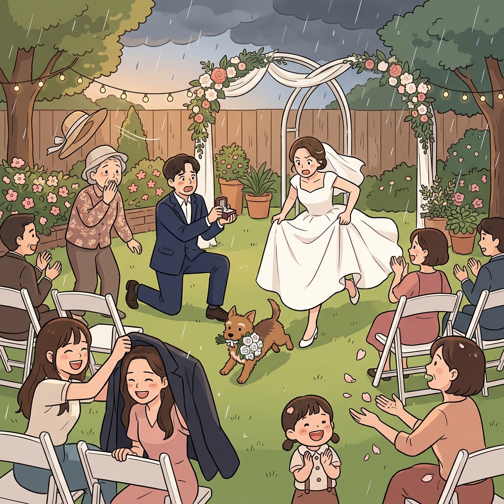 Their wedding day turned eventful with rain, a runaway dog, and a surprise proposal.