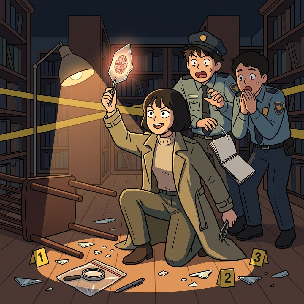 The detective presents crucial evidence — a bloody fingerprint on the shattered glass.