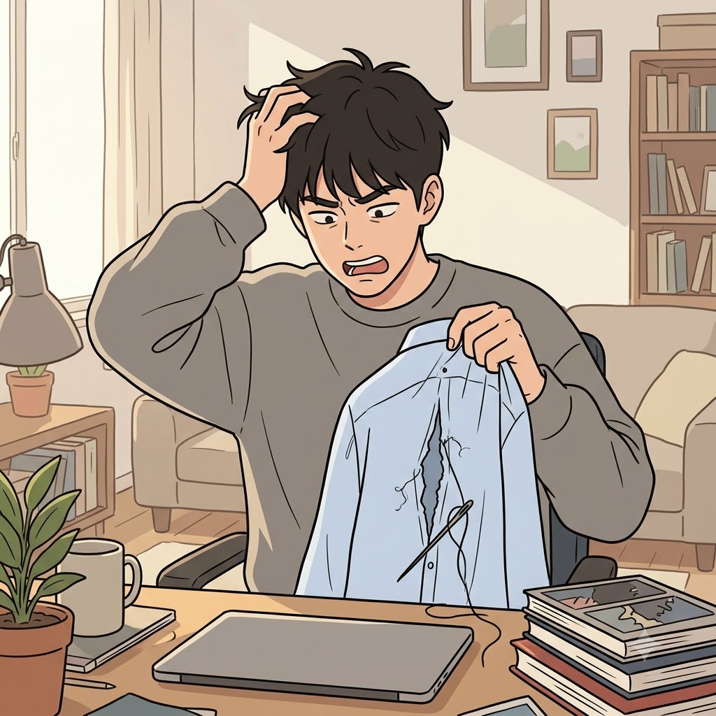 "이그(ex)! 애(a)써서(cer) 꿰매려다 셔츠를 더 크게 베었네(bate)!" 작은 구멍을 억지로 꿰매려는 시도는 옷의 찢어짐을 더욱 악화시켰다(exacerbate).