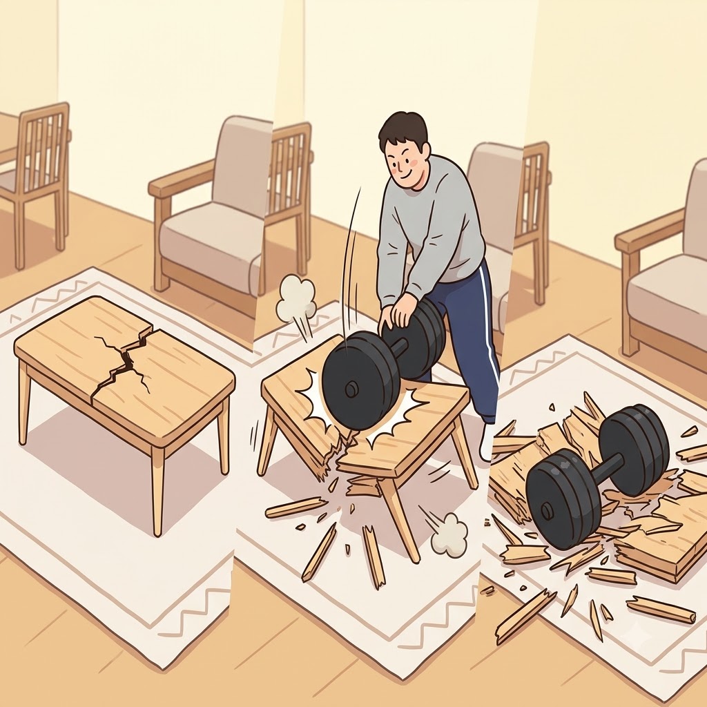 Dropping the heavy 100kg iron weight onto the cracking wooden table instantly managed to exacerbate the structural damage.