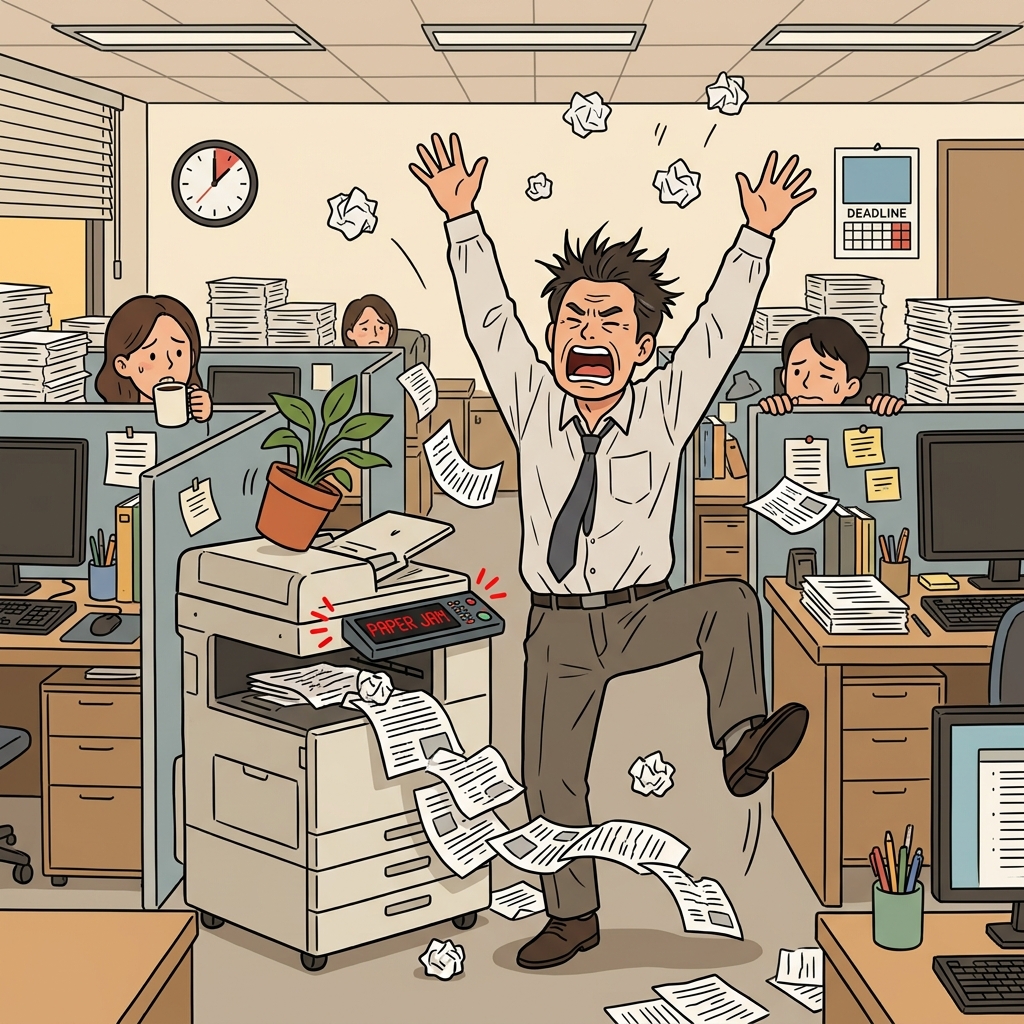His exasperation exploded when the printer jammed for the fifth time.