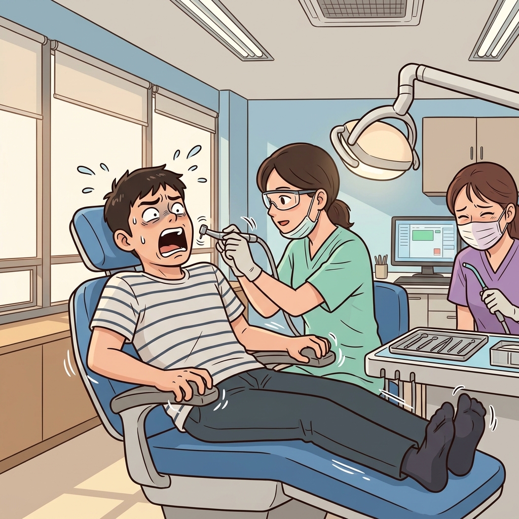 치과 의자에 앉은 그는 드릴 소리에 팔걸이를 꽉 붙잡고 몸부림쳤다.