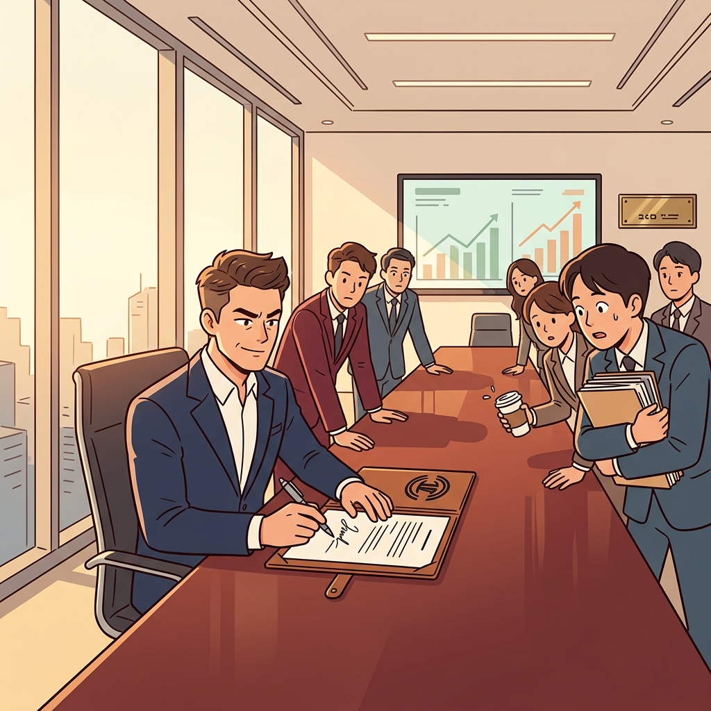 The executive signs the merger deal while the whole boardroom holds its breath.