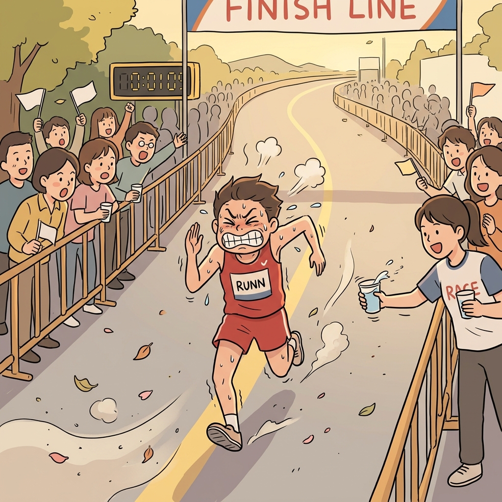 The marathon runner's exertion shows in every strained muscle near the finish line.