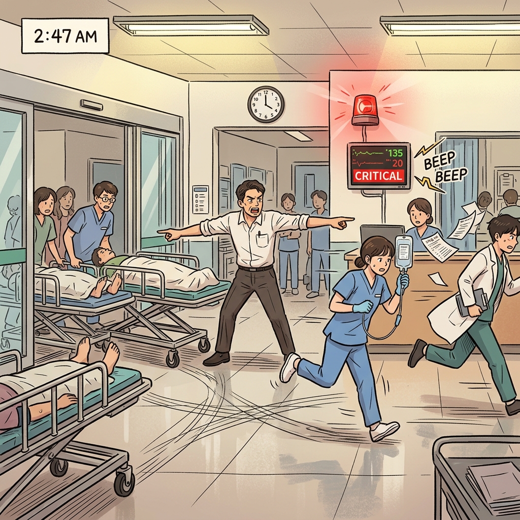 The ER team faces exigent demands as multiple critical patients arrive at once.