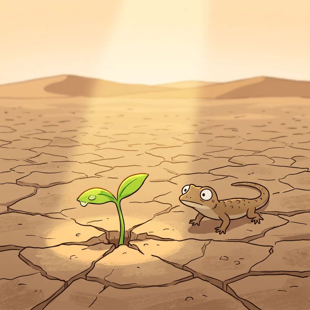A tiny sprout pushes through cracked desert soil, proving its existence against all odds.