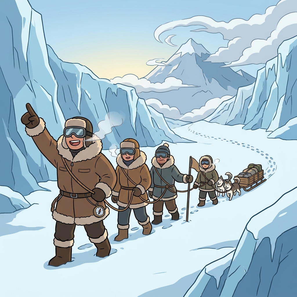 The expedition team pushes through the icy mountain pass toward the unknown peak.