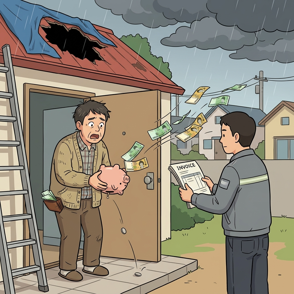 지붕 수리하느라 모아둔 돈을 전부 써버렸다.