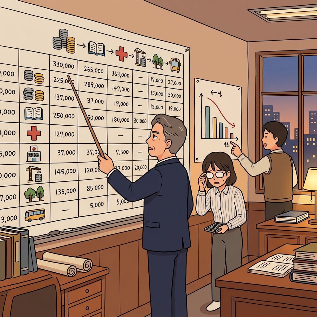 The mayor reviews the city's monthly expenditure on a giant balance sheet.