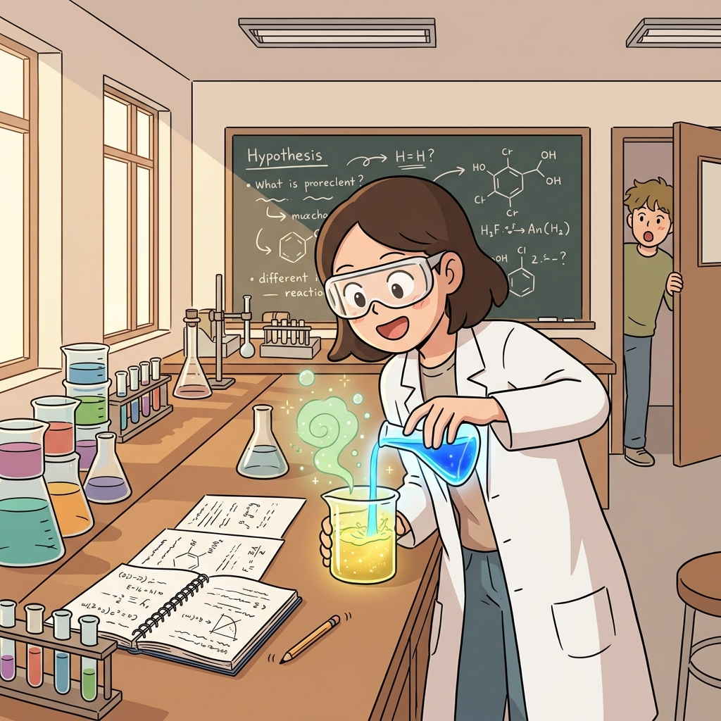 The scientist runs an experiment mixing two glowing liquids in the lab.