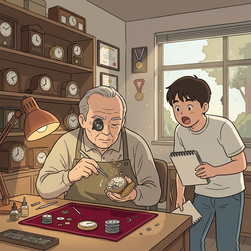 The watchmaker is a true expert, restoring a broken antique in minutes.