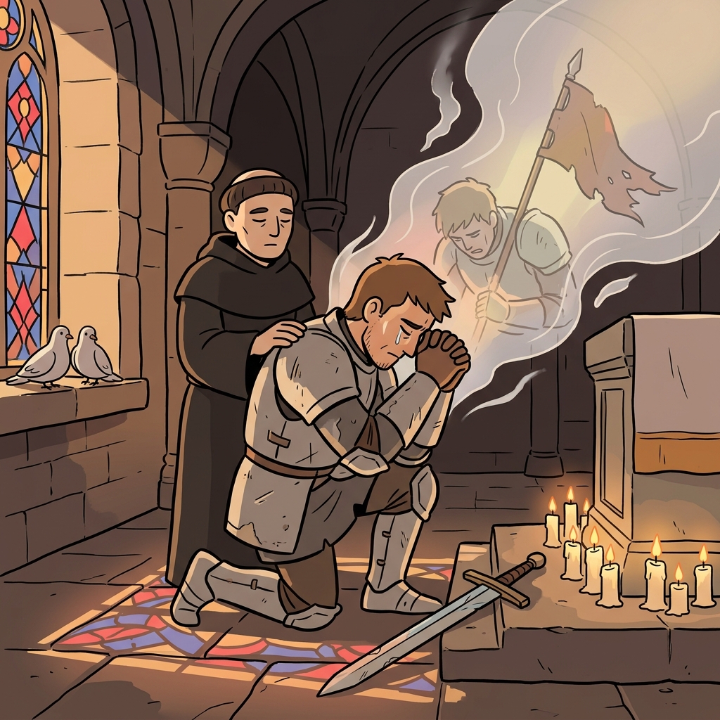The knight kneels at the altar to expiate his past betrayal of the kingdom.