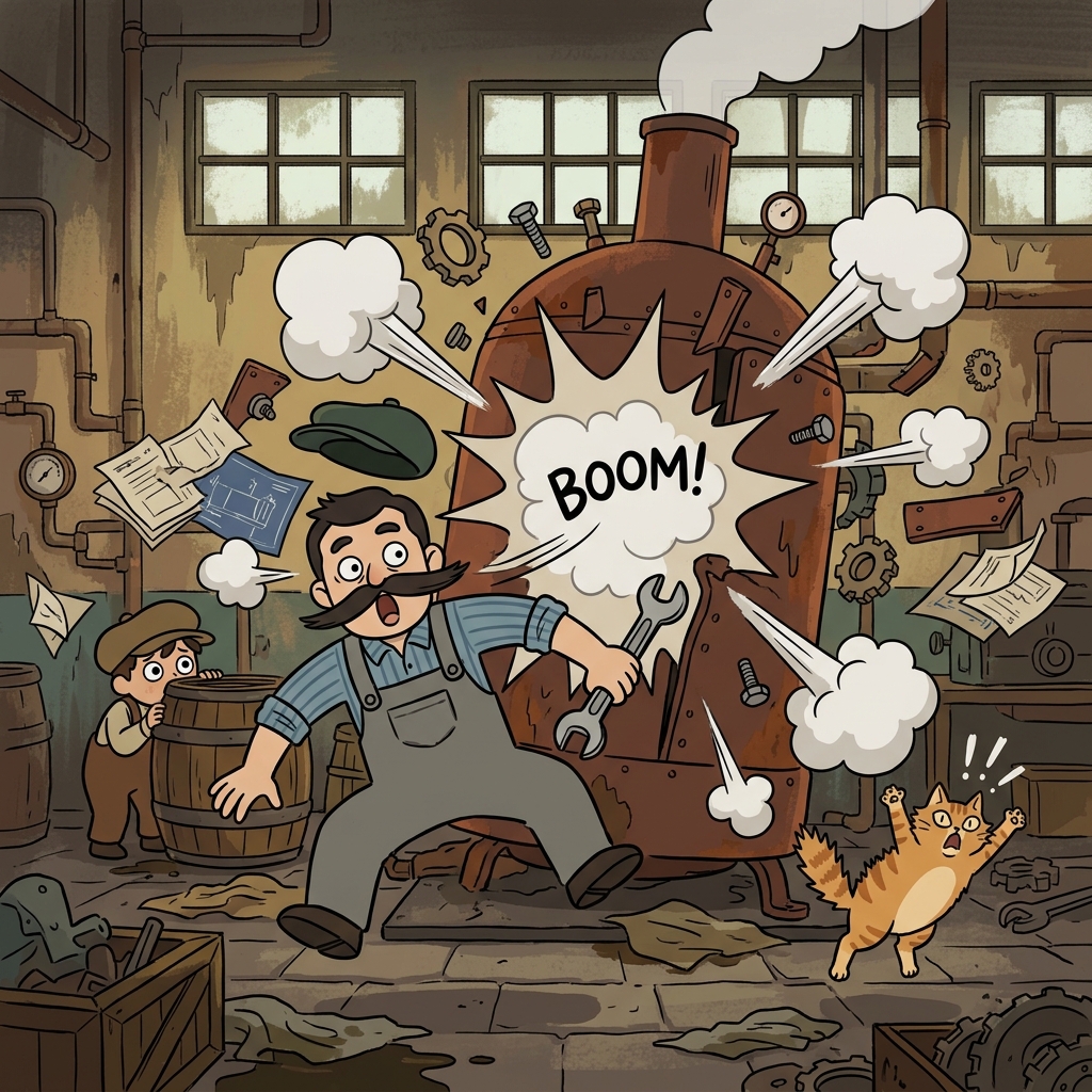 The old boiler explodes in the factory, sending steam and bolts flying everywhere.
