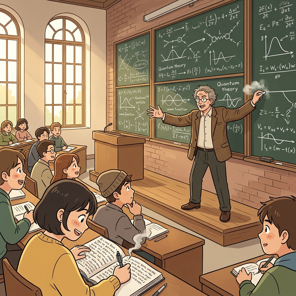 The professor expounds on quantum theory, filling three chalkboards with excited explanations.