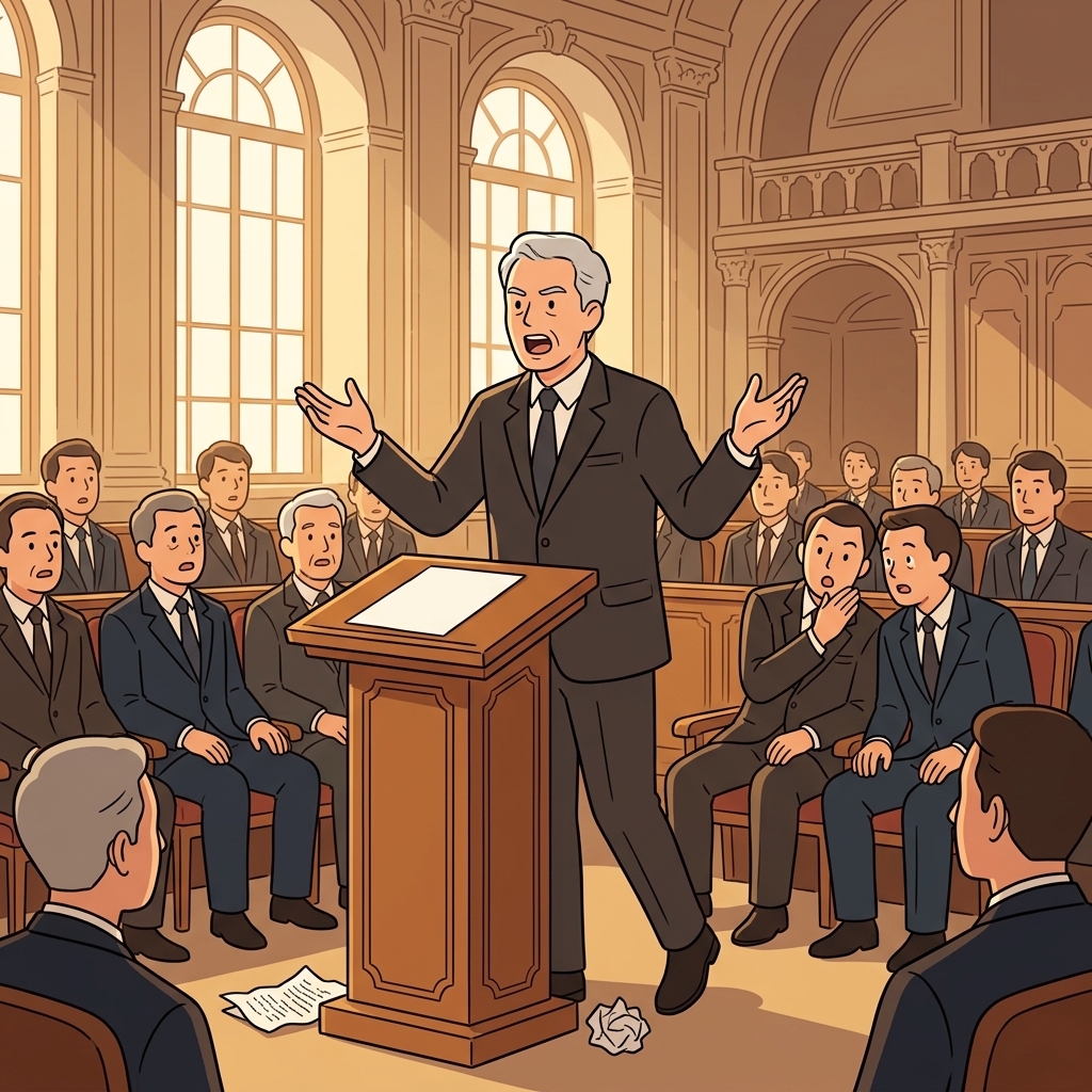 The senator delivered an extemporaneous speech without notes when the microphone was handed to him.