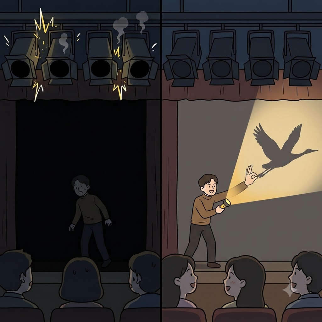 When the stage lights experienced a simultaneous blackout, the actor quickly performed an extemporaneous shadow puppet show.