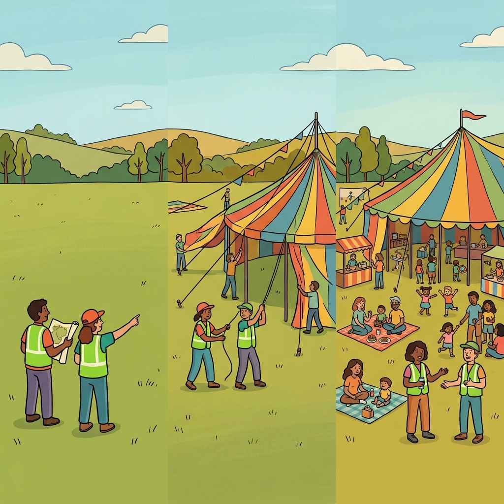 At the outdoor event, the huge tent showed the extent of the festival area.