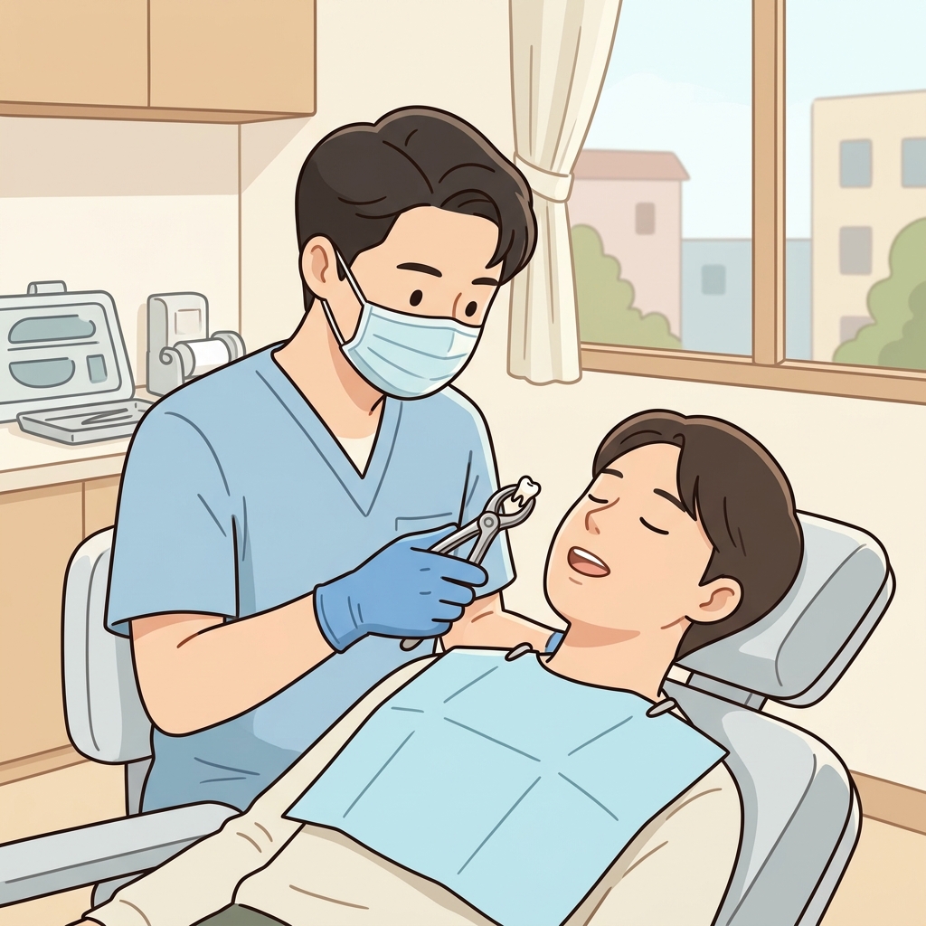 치과 의사는 손상된 이를 발치했다. (이를 밖(Ex)으로 잡아당겨(Tract) 뽑는다.)