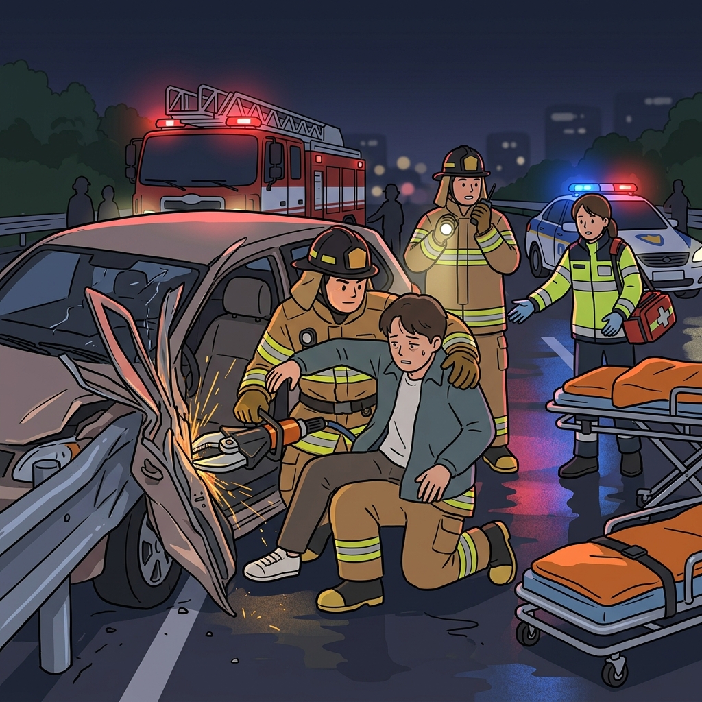 The firefighter worked carefully to extricate the driver from the crushed car.