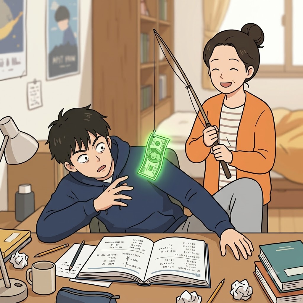 The boy had no desire to study, only moving for the extrinsic reward of the floating dollar bill.