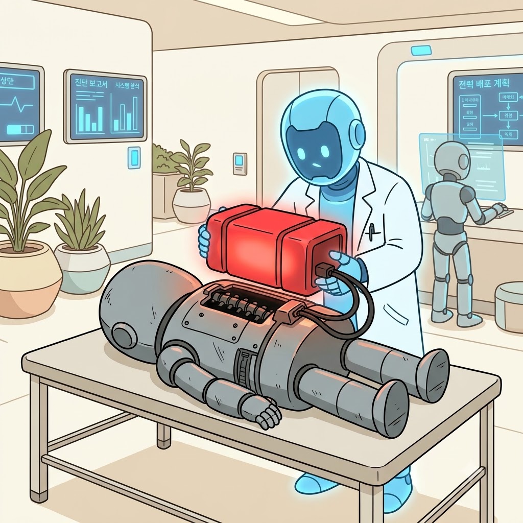 At the robot clinic, the doctor attached a glowing extrinsic battery to the dead machine's back.