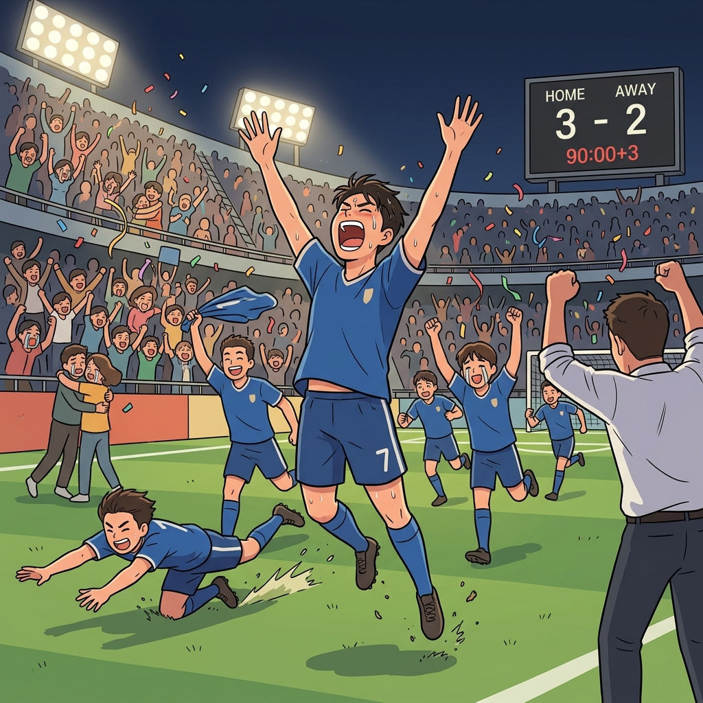 결승골이 터지자 선수들이 그라운드에서 미친 듯이 환호했다.