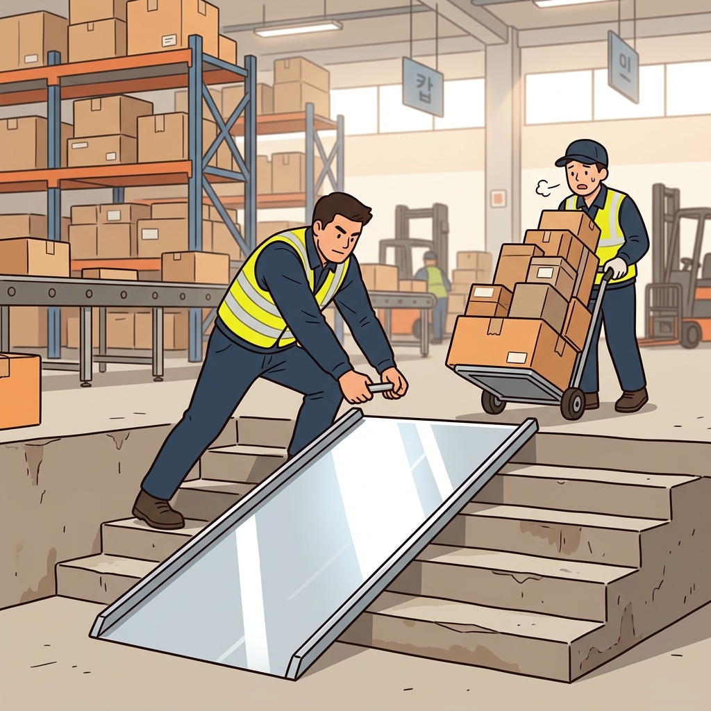 The warehouse worker placed a smooth metal ramp over the stairs to facilitate the movement of the heavy carts.