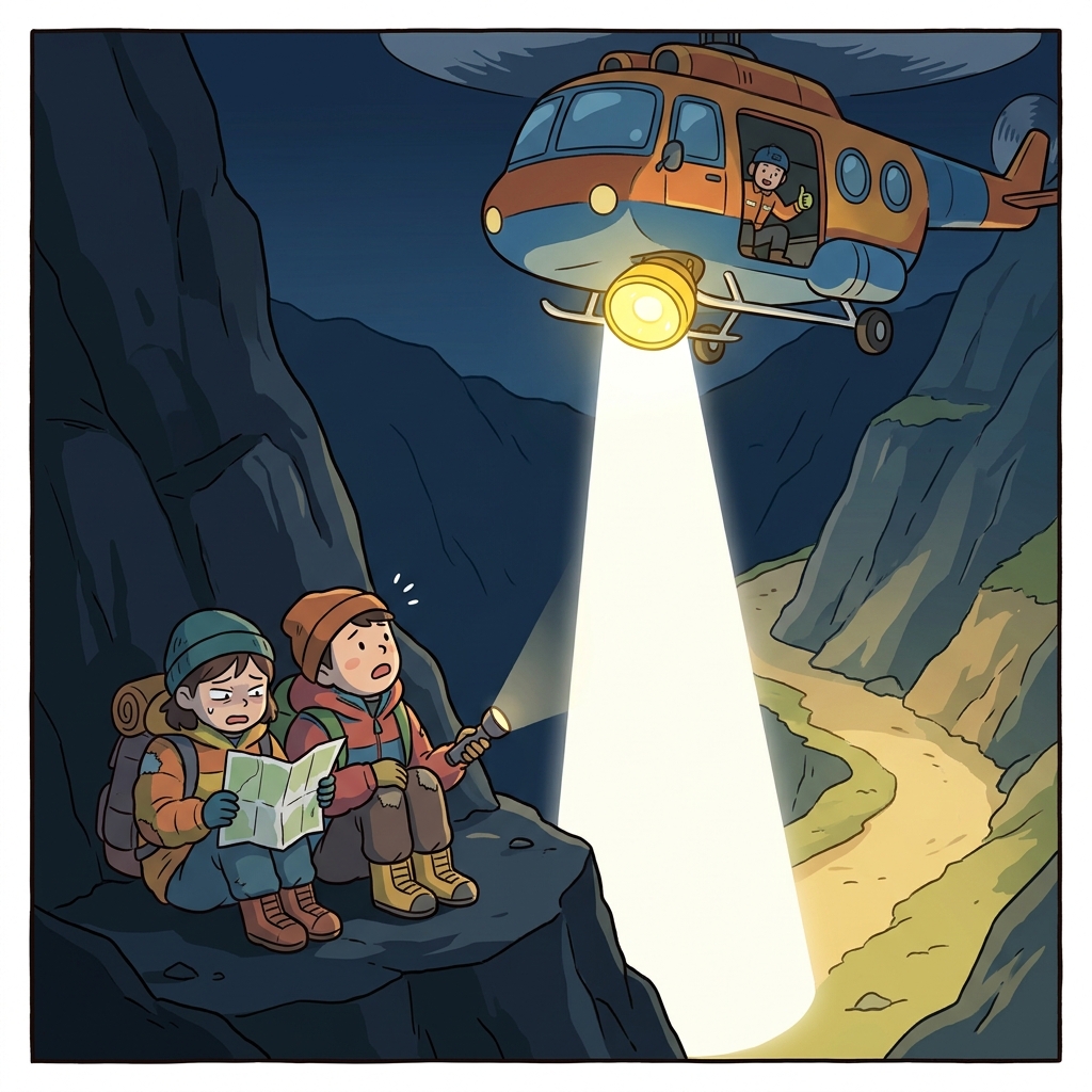 To help the lost hikers navigate, the rescue helicopter turned on a massive spotlight to illuminate the mountain and facilitate the rescue.