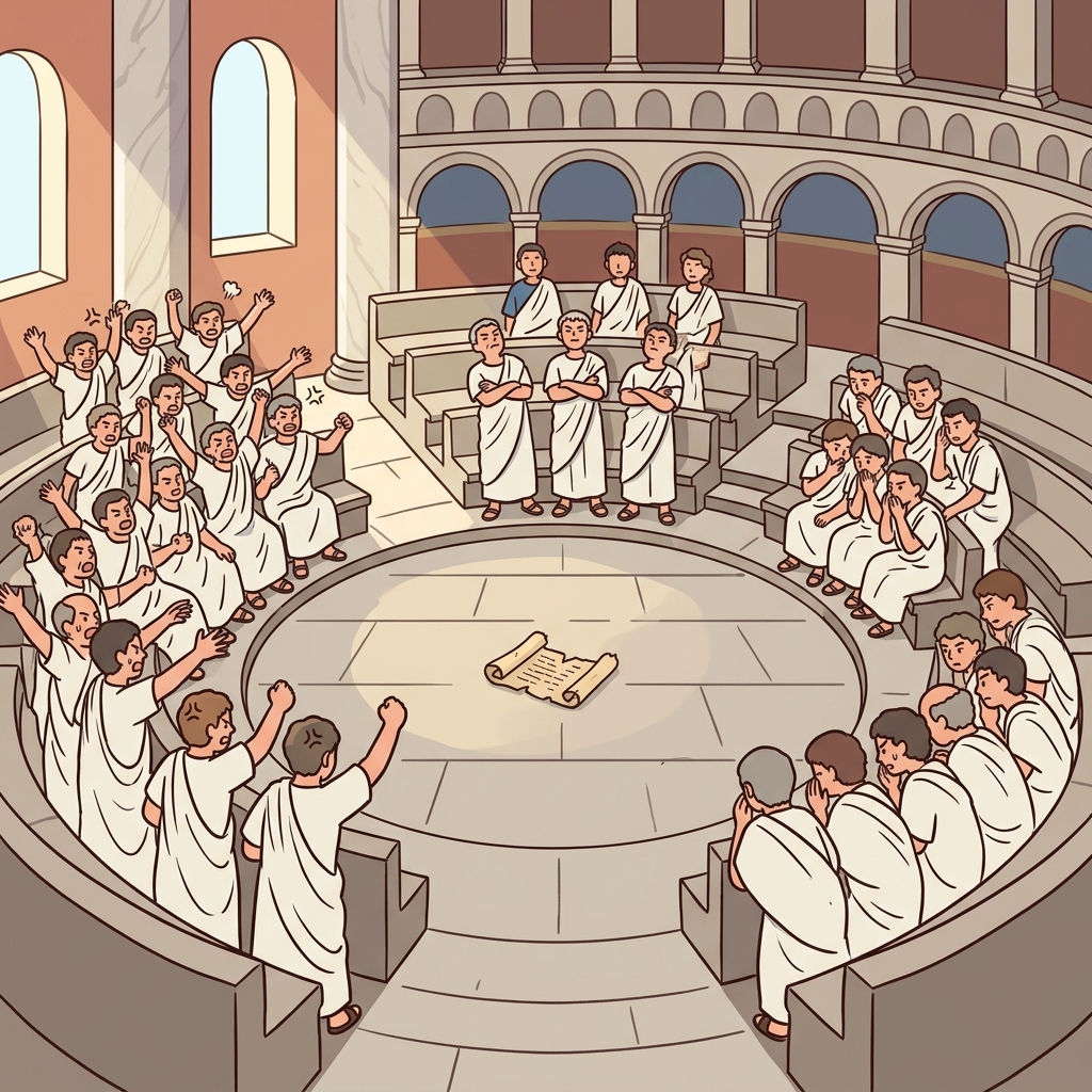 The factious senators split into shouting groups during the vote.