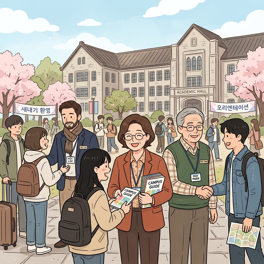 The university faculty welcomed new students on the first day.