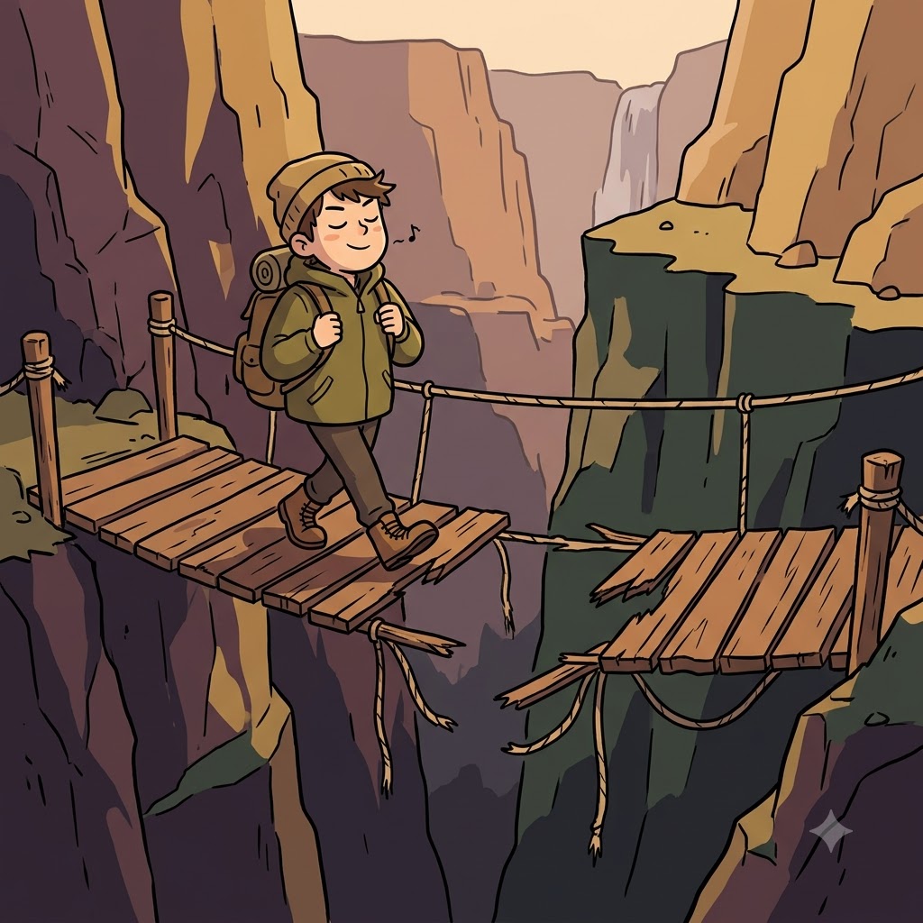 Confidently stepping onto the broken bridge was a dangerous fallacy.