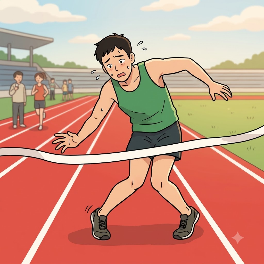 Steps away from the finish line, the exhausted runner lost his balance and began to falter.