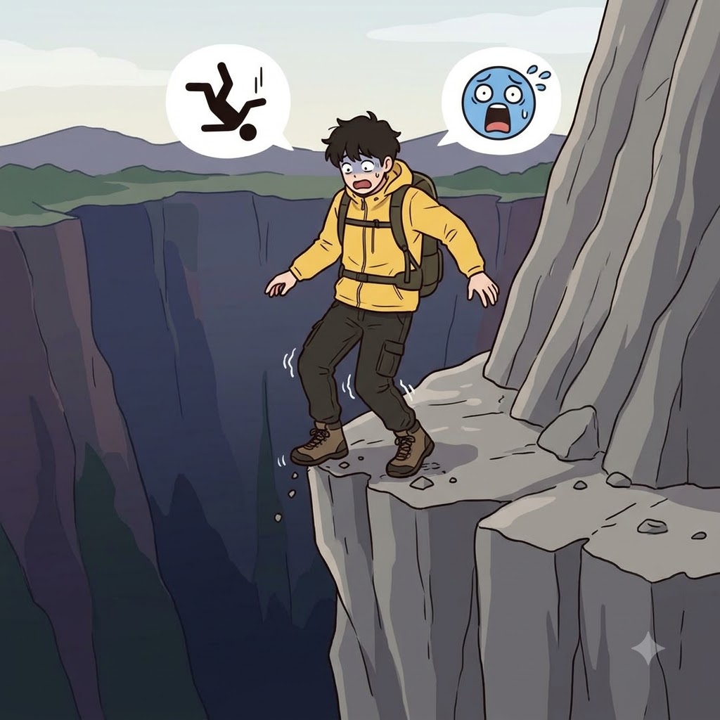 FAL(fall) + TER(terror) — facing the TERror of a steep FALl, his legs began to falter.
