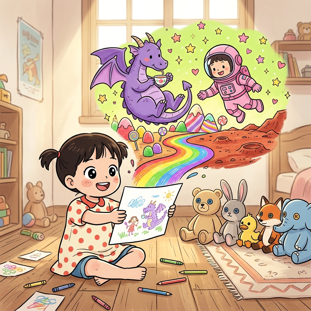 아이가 그린 상상 속 그림엔 화성에서 용이 우주인이랑 차를 마신다.