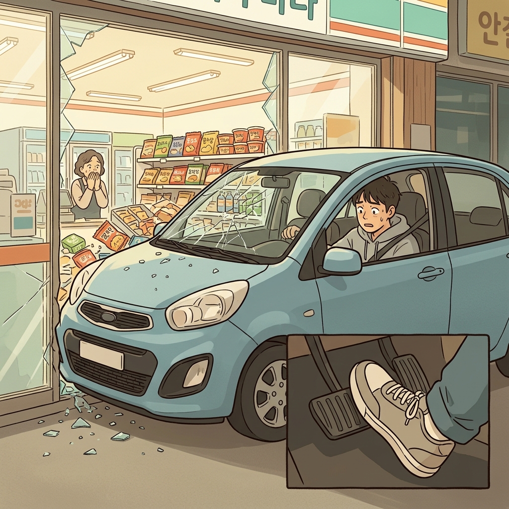 가속 페달(페이틀)을 잘못 밟아 상점으로 돌진하는 치명적인(fatal) 사고가 났다.