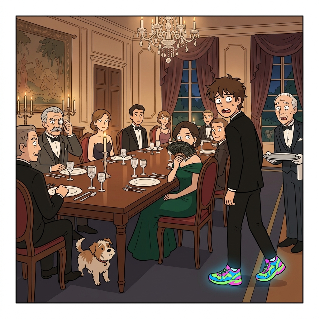 He made a serious faux pas by wearing sneakers to the formal dinner.