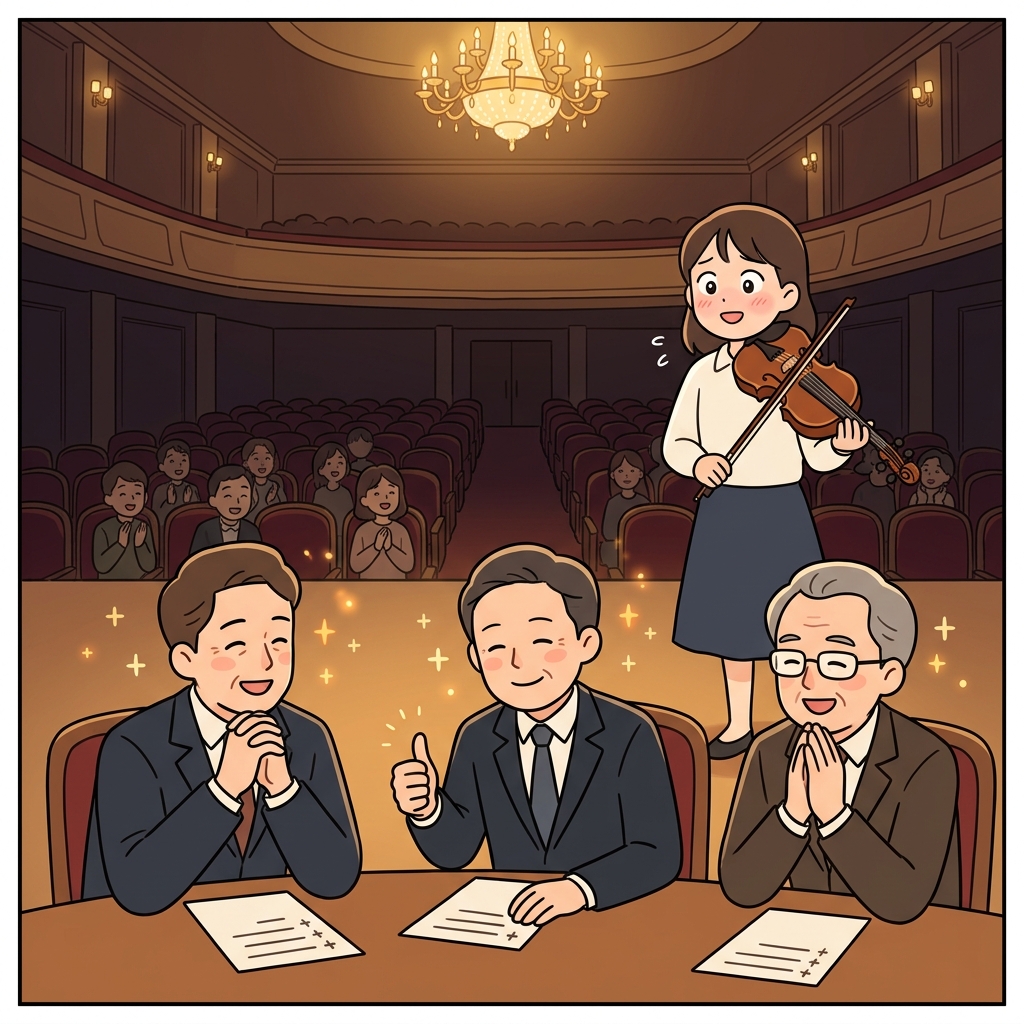 심사위원들이 그녀의 연주를 흐뭇하게 바라봤다.