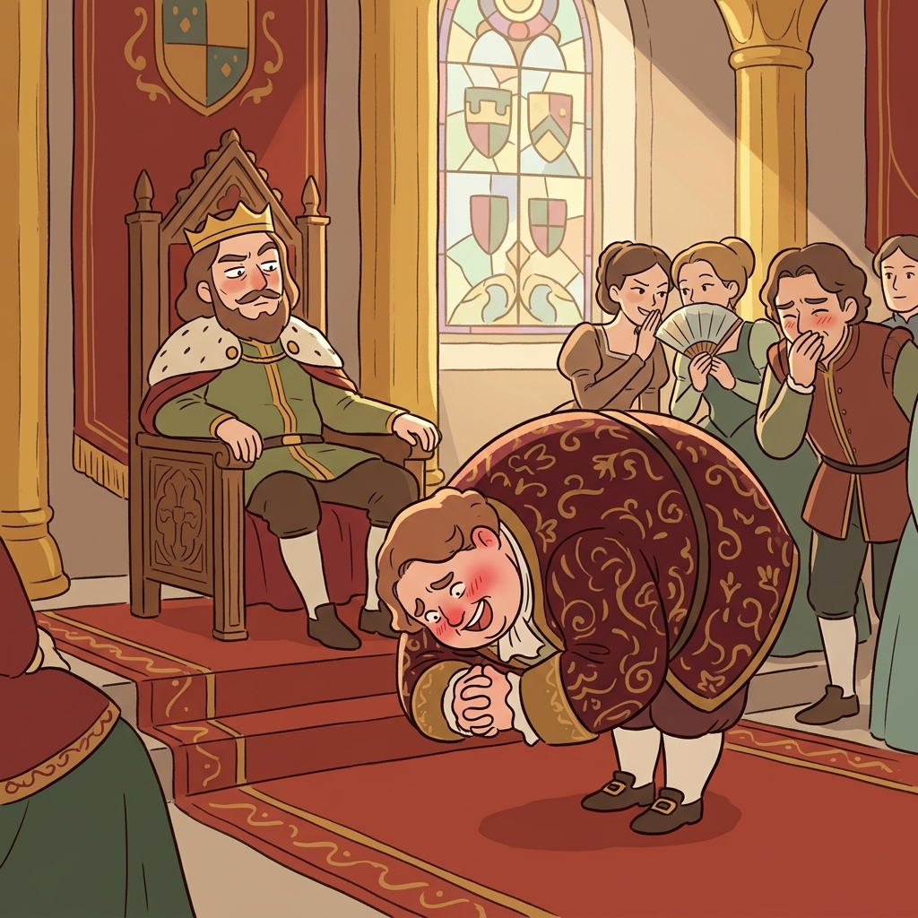 The courtier fawns over the king, hoping for a promotion.